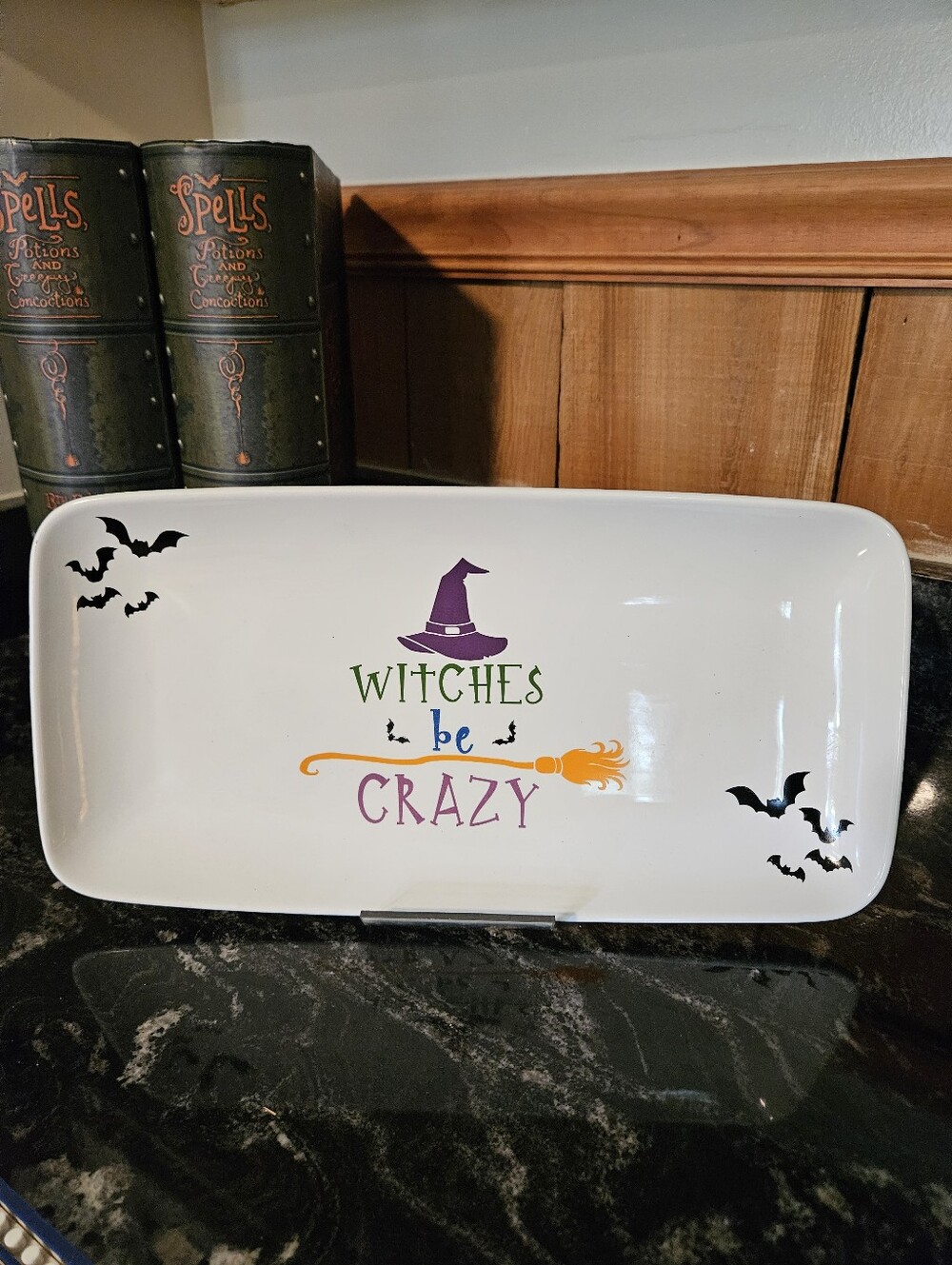 Crofton White Ceramic Halloween Serving Platter - Witches Be Crazy Broom & Bats